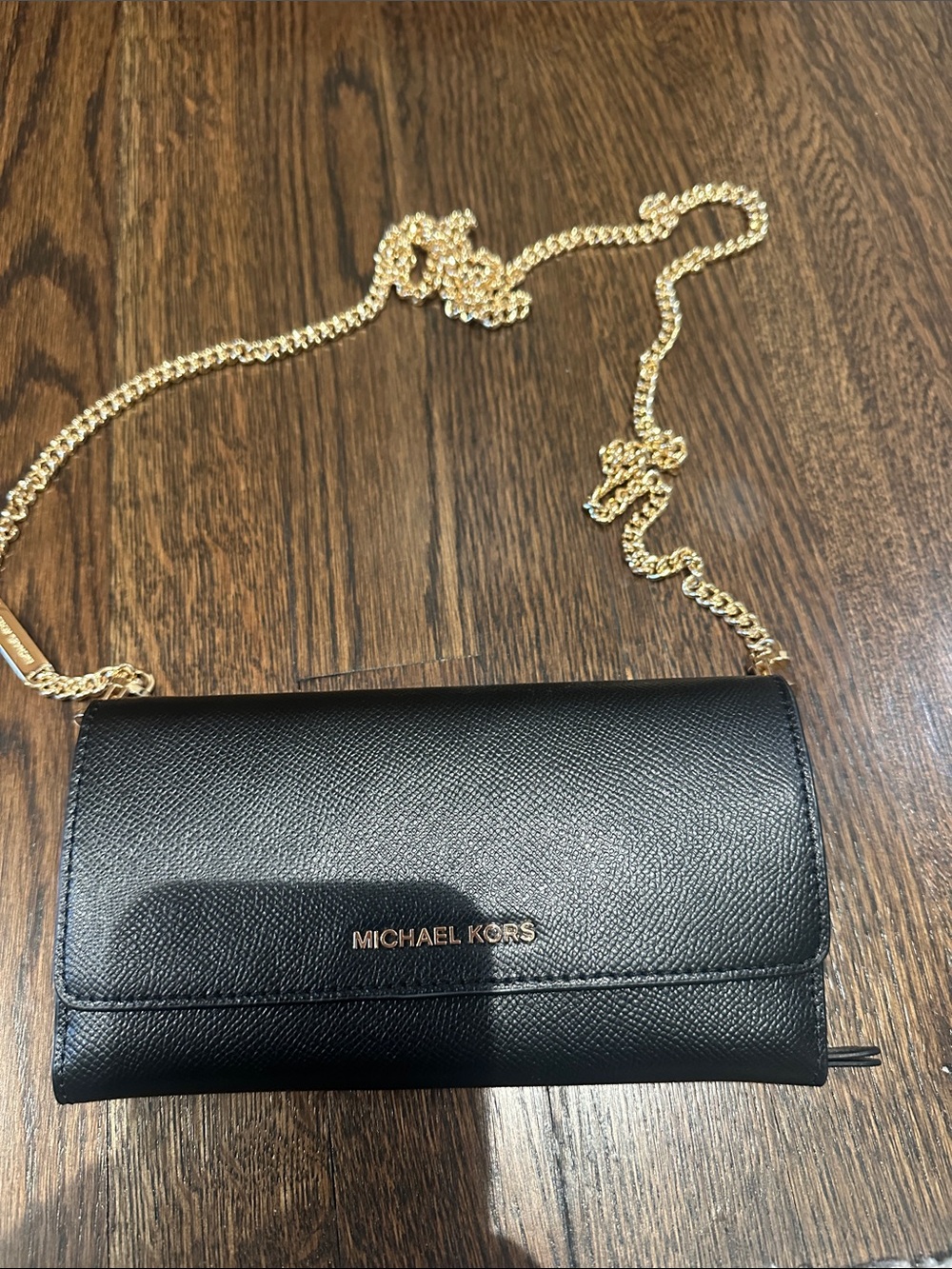Michael Kors Black Saffiano Leather Crossbody Wallet with Gold Chain Strap